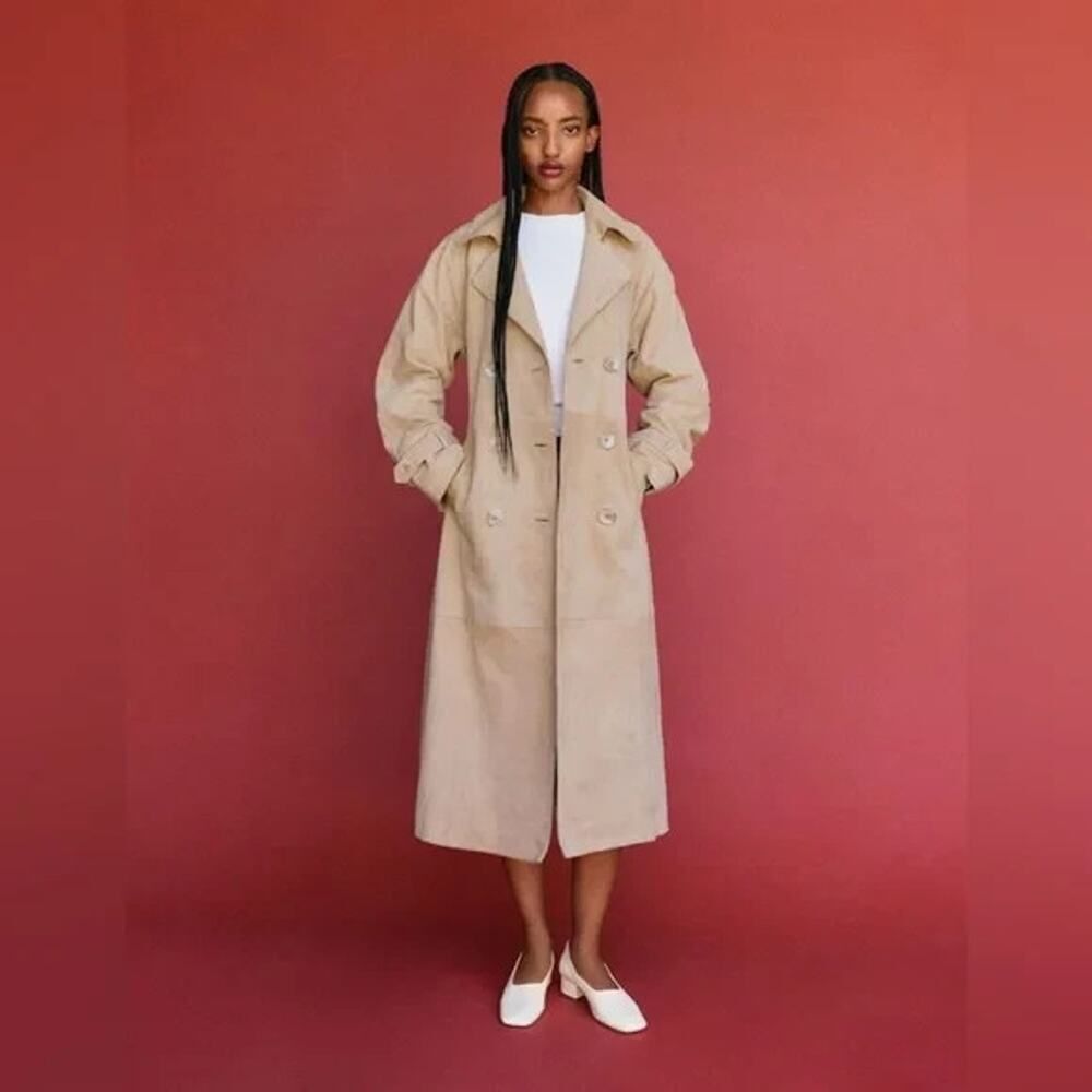 Reformation Veda Leather Jacket Small Tan Suede Trench Coat Belted Double Breast - Picture 9 of 12